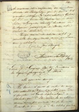 Carta de José Berges, Ministro de Relaciones Exteriores de Paraguay a Gregorio Benitez, Secretario de Legación Paraguaya en París.