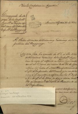 Oficio del Encargado de los negocios de la confederación Argentina, en el Paraguay Santiago Derqui.