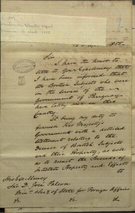 Oficio del cónsul británico Charles Alfred Henderson en el Paraguay al Ministro José Falcón.