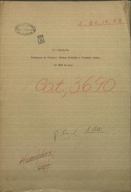 Telegrama de Ciriaco Molina, Comandante  de Villa Franca, diirigido al Ministro, Venancio López.