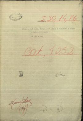 Oficio de Jose Toribio Pereyra al 1° Oficial del Ministerio de Guerra y Marina de Paraguay.