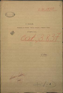 Telegrama de Ciriaco Molina, Comandante de Villa Franca, dirigido al Mtro. de Guerra y Marina de Paraguay, Venancio López.