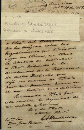 Oficio del Cónsul de Gran Bretaña en Asunción, Charles Alfred Henderson al Ministro de Relaciones Exteriores del Paraguay, José Falcón.