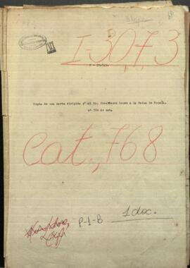 Copia de una carta dirigida por señor presidente López, a S.M. la Reina de España.