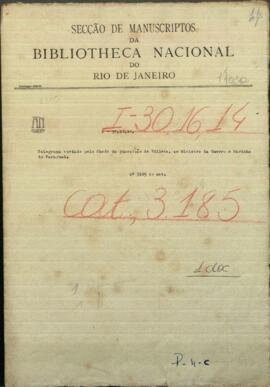Telegrama enviado por el Jefe de Guarnición de Villeta, Cabrera, al Ministro de Guerra y Marina de Paraguay.