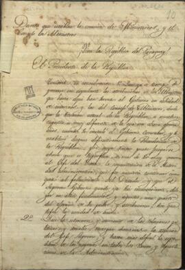 Decreto de Presidente de Paraguay, Carlos Antonio López, estableciendo la creación de ministerios de Consejos de Ministros.