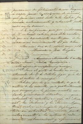 Carta de Jose Berges, Ministro de Relaciones Exteriores de Paraguay, a Felix Egusquiza, Agente Comercial de Paraguay en Buenos Aires.