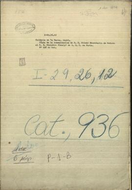 Copia de la comunicación de E.S. Primer secretario de estado al E.S. Ministro plenipotenciario de su majestad en París.