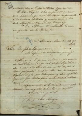 Carta de José Berges, Ministro de Relaciones Exteriores de Paraguay a Felix Egusquiza, agente comercial de Paraguay.