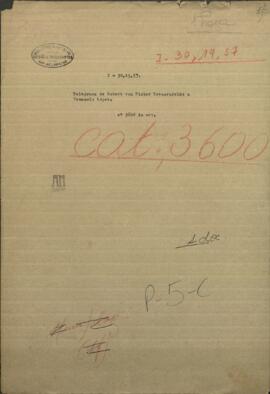 Telegrama de Robert von Fisher T., Ing. jefe de las Lineas Telegráficas a Venancio Lopez, Mtro. de Guerra y Marina.