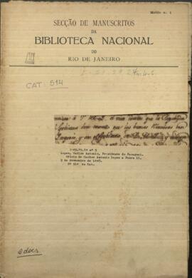 Oficio de Carlos Antonio López a Pedro II, Emperador del Brasil, refiriéndose a la licencia concedida por el Emperador a José Antonio Pimienta Bueno.