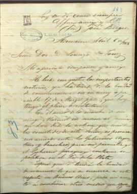 Carta de Jose Berges, Ministro de Relaciones Exteriores de Paraguay, a Lorenso Torres.