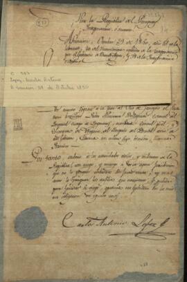 Pase  de Carlos Antonio López, a las autoridades paraguayas y extranjeras ordenando y solicitando auxilio y permiso necesario a Pedro de Alcántara Bellegarde.