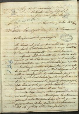Carta de Jose Berges, Ministro de Relaciones Exteriores de Paraguay, a Jose Rufo Caminos, Cónsul General de Paraguay en la ciudad de Paraná.