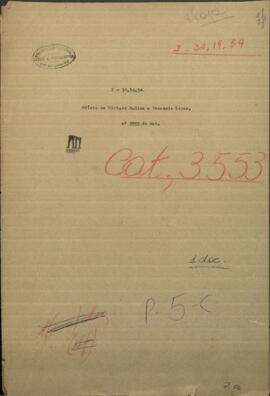 Oficio de Ciriaco Molina, a Venancio Lopez, Mtro. de Relaciones Exteriores de Paraguay.