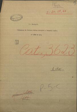 Telegrama de Ciriaco Molina, Comandante de Villa Franca, dirigido al Mtro. de Guerra y Marina de Paraguay, Venancio Lopez.