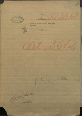 Carta de Ramón Casas a Jose Rufo Caminos, Cónsul de Paraguay en la ciudad de Paraná.