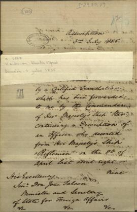 Oficio del Cónsul de Gran Bretaña en Asunción, Charles Alfred Henderson, al Ministro de Relaciones Exteriores, José Falcón.