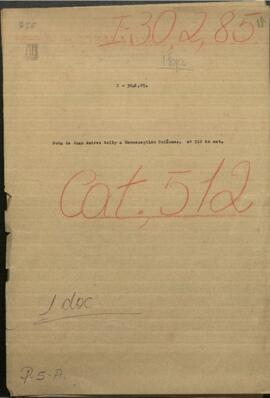 Nota del encargado de negocios de Paraguay, en el Brasil, Juan Andrés Gelly, dirigida al tesorero  Hermenegildo Guiñones de la tesorería de la guerra de Paraguay.
