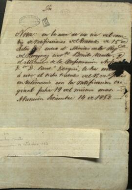 Nota sobre el intercambio de ratificaciones del tratado de amistad, límite y navegación del 15 de julio de 1852.