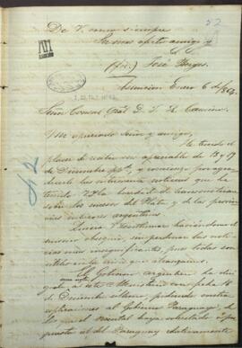 Carta de José Berges a José Rufo Caminos, Cónsul de Paraguay en Paraná.