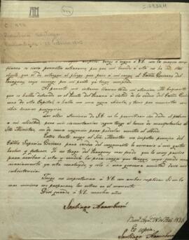 Carta de Santiago Aramburu enviado del gobierno de Paraguay en misión en el exterior, enviada a Felipe Araña, Ministro del Exterior de la Argentina.