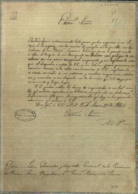 Carta de Manuel peña enviado de Paraguay junto al gobierno de Buenos Aires, a Juan Manuel Ortíz de Rosas, Presidente de la Argentina avisando de su regreso a Asunción.