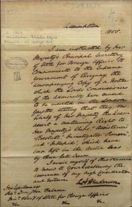 Oficio del Cónsul Ingles en Asunción, Charles Alfred Henderson, al Ministro José Falcón, de Relaciones Exteriores del Paraguay.