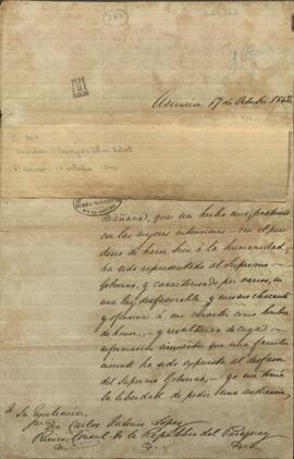 Carta de Georges John Robert Gordon a Carlos Antonio López, explicando el incidente en que se envolvió con el gobierno paraguayo.