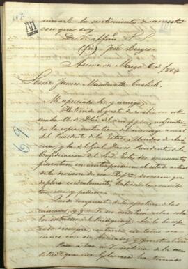 Carta de Jose Berges, Ministro de Relaciones Exteriores de Paraguay, a Jame Mandeville Carlisle, Agente comercial de Paraguay en New York.