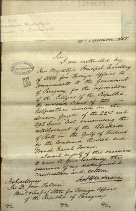 Oficio del Cónsul de Gran Bretaña en Asunción Charles Alfred Henderson al Ministro José Falcón.