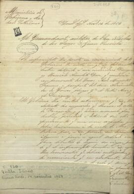 Oficio de Irineo Portela, Ministro de Relaciones Exteriores de Buenos Aires, al comandante Militar de San Nicolás de los Arroyos, Juan Gusviela.