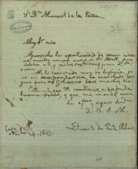 Carta de Duarte de Puente Ribeiro a Manuel Peña, enviado de Paraguay junto al gobierno de Buenos Aires.