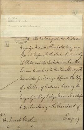 Oficio de Charles Hotham ministro plenipotenciario  de Gran Bretaña a Benito Varela, Ministro de relaciones exteriores del Paraguay.