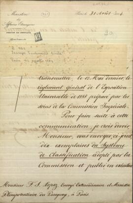 Carta del conde Lesseps Ferdinand, Ministro Plenipotenciario de primera clase, al General Francisco Solano López.