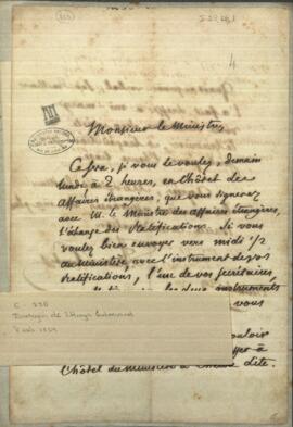 Carta del ministro de relaciones exteriores de Francia, Drouyn de Lhuys, al ministro plenipotenciario del Paraguay, Francisco Solano López.