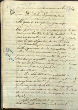 Carta de Jose Berges, Ministro de Relaciones Exteriores de Paraguay, a Felix Egusquiza, Agente Comercial de Paraguay en Buenos Aires.
