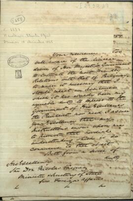 Oficio del Cónsul Británico en Asunción Charles Alfred Henderson, al Ministro de Relaciones Exteriores del Paraguay, Nicolás Vásquez.
