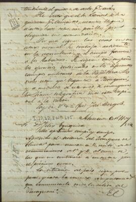 Carta de Jose Berges, Ministro de Relaciones Exteriores de Paraguay, a Felix Egusquiza, Agente Comercial de Paraguay en Buenos Aires.