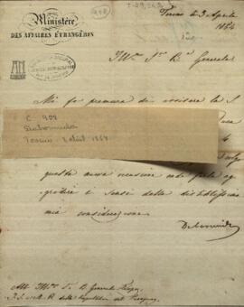 Carta del ministro de negocios extranjeros de Cerdeña, Dabormida, al General Francisco Solano López.