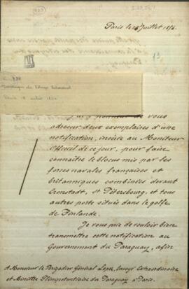 Carta del ministro de negocios extranjeros de Francia, Drounyn de Lhuys Edouard, al General López.