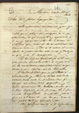 Carta de José Berges, Ministro de Relaciones Exteriores de Paraguay a Felix Egusquiza, agente comercial de Paraguay.