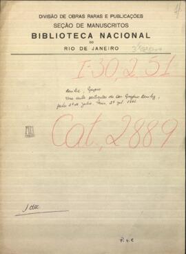 Una carta particular de Don Gregorio Benitez, dirigida a Jose Berges, Ministro de Relaciones Exteriores de Paraguay.