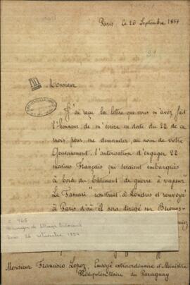 Carta del ministro de relaciones exteriores de Francia, Drounyn de Lhuys Edouard, al General Francisco Solano López.