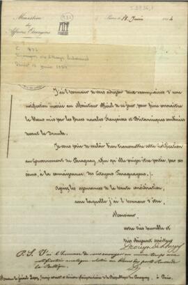 Carta del Ministro de relaciones exteriores de Francia, Drounyn de Lhuys Edouard,al ministro plenipotenciario del Paraguay, Francisco Solano López.