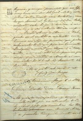 Carta de Jose Berges, Ministro de Relaciones Exteriores de Paraguay, a Lorenso Torres, sobre la misión Marmol en Brasil.