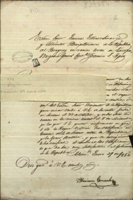 Oficio de Mariano González, Ministro del Exterior del Paraguay, comunicando a Francisco Solano López.