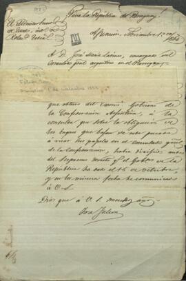 Oficio de José Falcón, Ministro de Relaciones Exteriores del Paraguay, a José María Ladines, encargado del consulado Argentino en Paraguay.