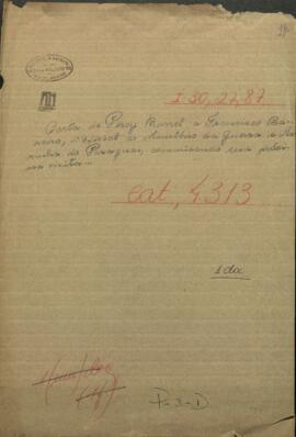 Carta de Percy Burrel a Francisco Bareiro, Oficial del Ministerio de Guerra y Marina de Paraguay.