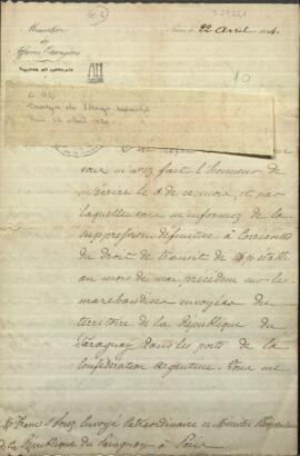 Carta del señor Drounyn de Lhuys Edouard, ministro de relaciones extranjeras de Francia, al General López.